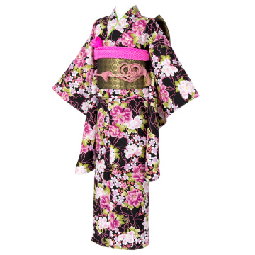 Polyester Flowers Pattern Two-foot Sleeve Black Kimono